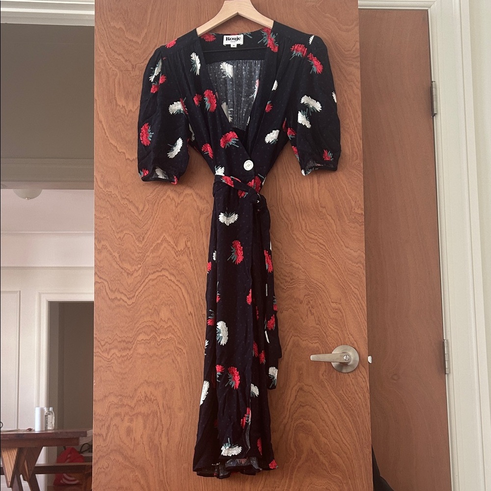 Rouje Navy Midi Dress with Red and White Floral Pattern